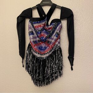 Weissman solo Dance costume geometric fringe sequin dress leotard c LC child